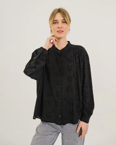 ELLA TAN Flocked Blouse- Black