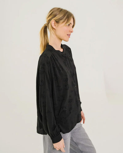 ELLA TAN Flocked Blouse- Black