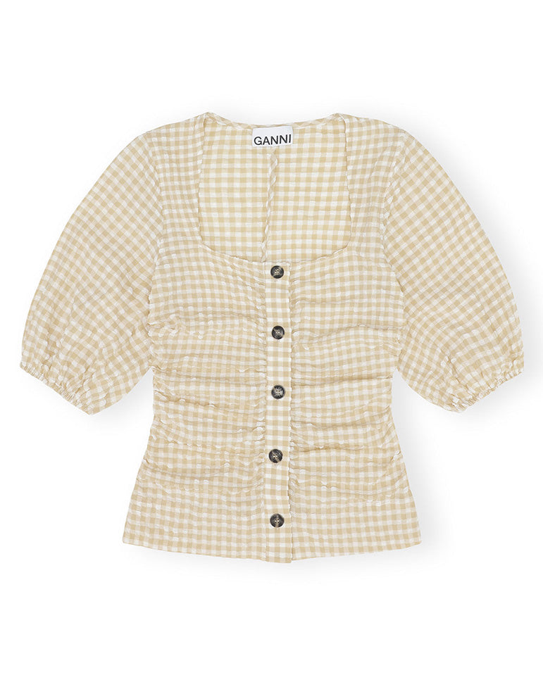 Stretch Seersucker Gathered Blouse Pale Khaki