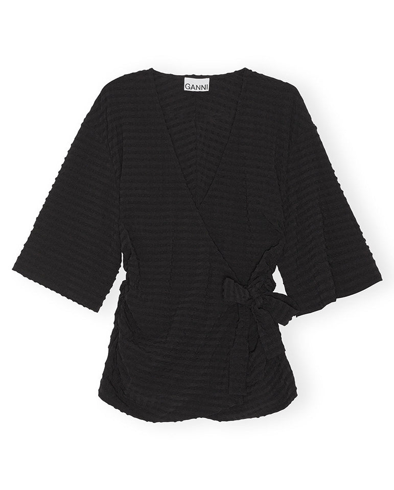Stretch Seersucker Wrap Blouse BLACK