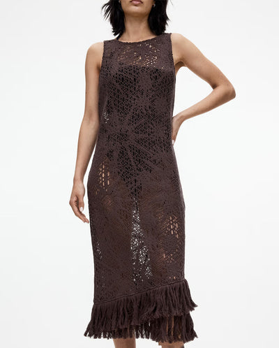 Astrea Ari Slip Net Dress with Fringe - Chocolate