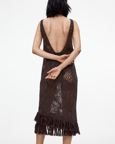 Astrea Ari Slip Net Dress with Fringe - Chocolate