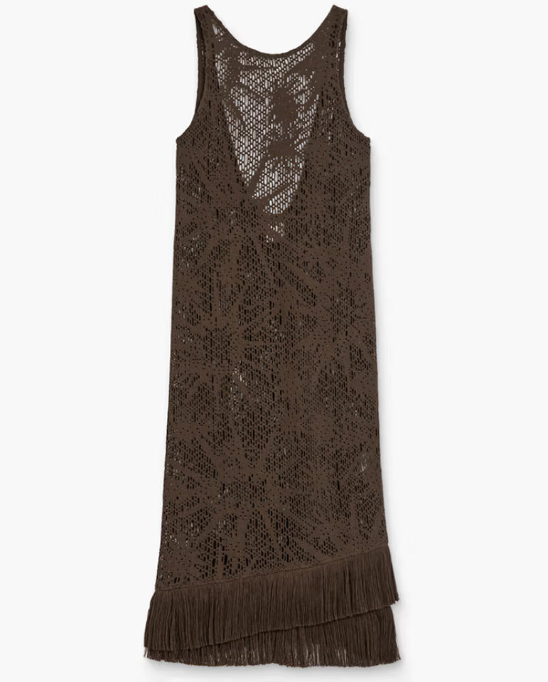 Astrea Ari Slip Net Dress with Fringe - Chocolate