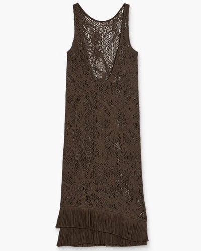 Astrea Ari Slip Net Dress with Fringe - Chocolate