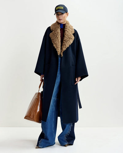 Irno faux Fur collar Coat - Navy