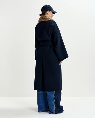 Irno faux Fur collar Coat - Navy