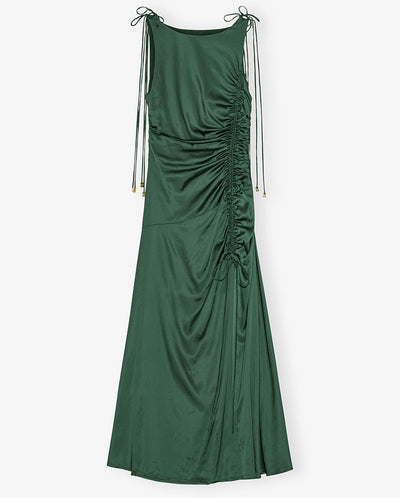 Solid Stretch Gathered Long Dress Pineneedle