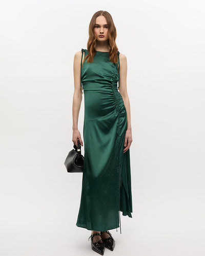 Solid Stretch Gathered Long Dress Pineneedle