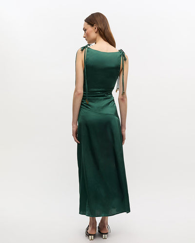 Solid Stretch Gathered Long Dress Pineneedle