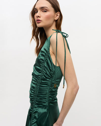 Solid Stretch Gathered Long Dress Pineneedle