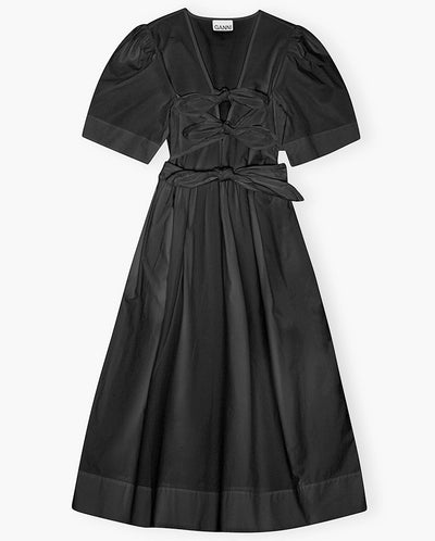 Stretch Cotton Tie Strap Midi Dress - Black