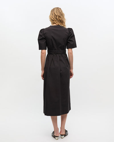 Stretch Cotton Tie Strap Midi Dress - Black