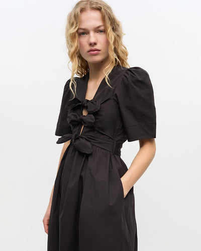 Stretch Cotton Tie Strap Midi Dress - Black