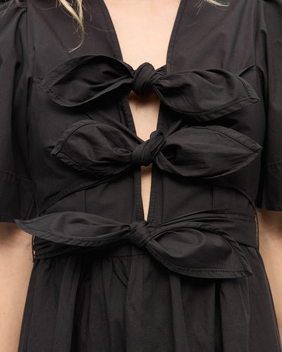 Stretch Cotton Tie Strap Midi Dress - Black