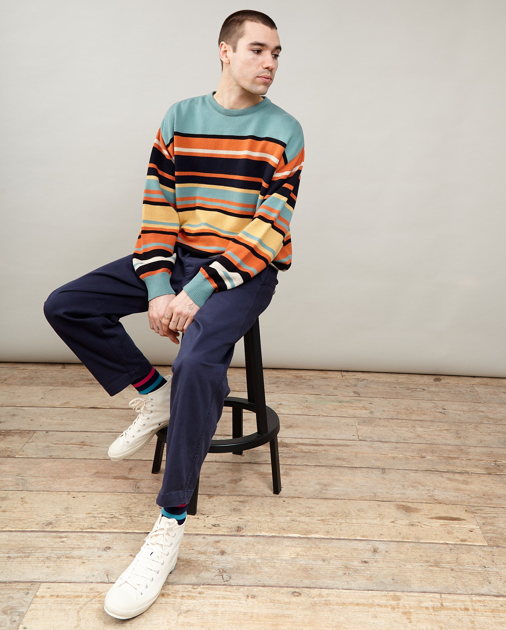 English Difference Stripe Crew Green Multi Stripe