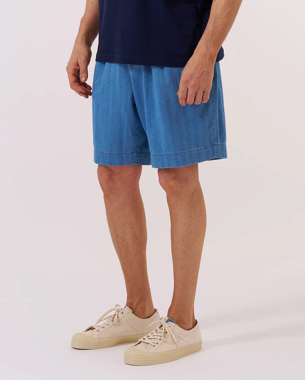 Pleated Track Short - Washed Indigo
