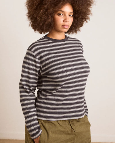 Lilah Fitted L/S Tee - Grey Marl Stripe