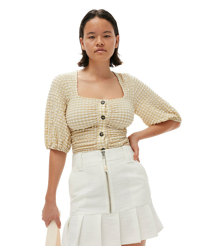 Stretch Seersucker Gathered Blouse Pale Khaki