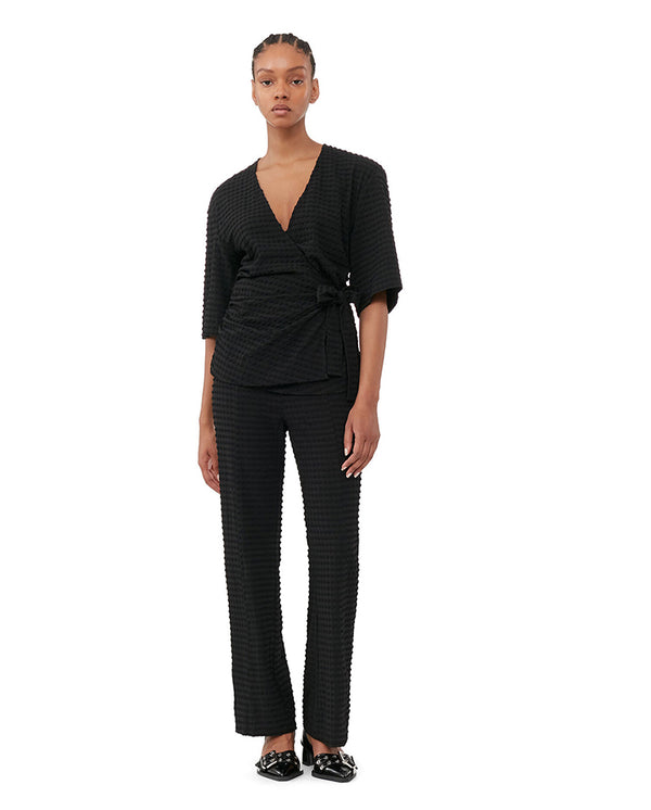 Stretch Seersucker Cropped Pants BLACK