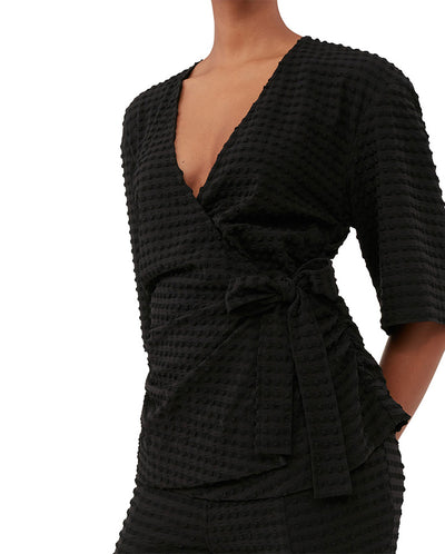 Stretch Seersucker Wrap Blouse BLACK