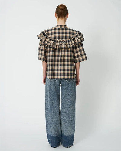 Frill Checked Blouse - Beige/Black