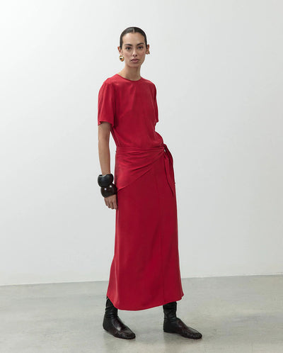 Crepe De Chine Dress with Scarf - Lipstick