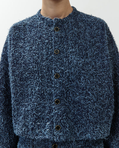 Collarless Denim Jacket - Dark Blue