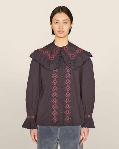 Blossoms Gingham Shirt Navy/Brown