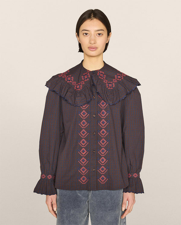 Blossoms Gingham Shirt Navy/Brown