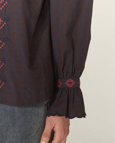 Blossoms Gingham Shirt Navy/Brown