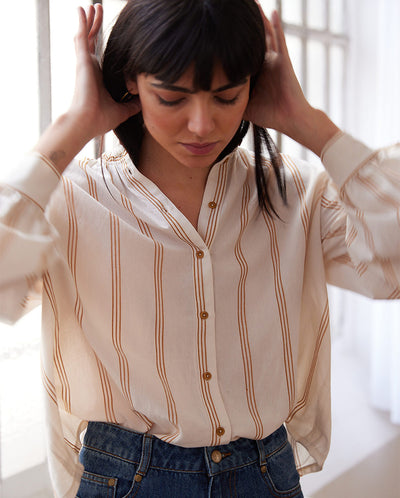 Soline Ruffle Neck blouse Full Sun Stripe Ecru