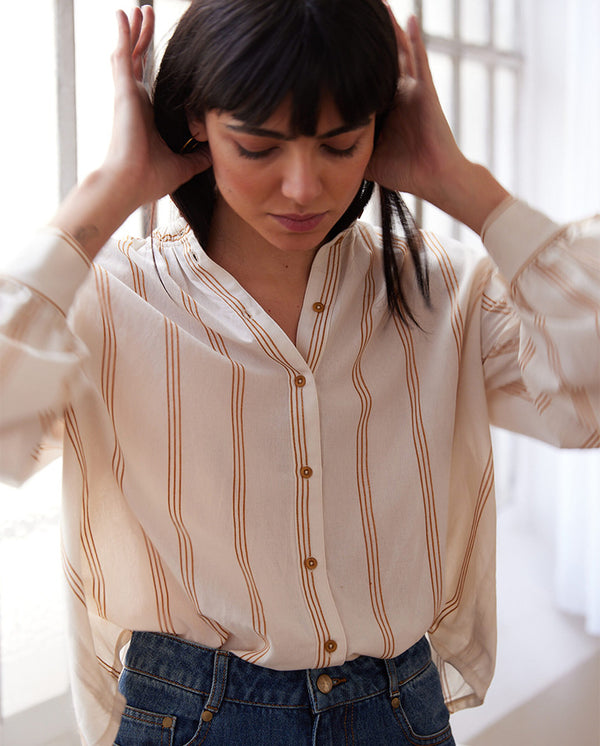 Soline Ruffle Neck blouse Full Sun Stripe Ecru