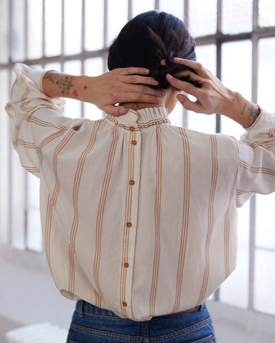 Soline Ruffle Neck blouse Full Sun Stripe Ecru
