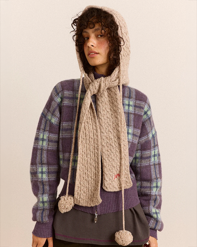Hooded Pom Pom Scarf - Oatmeal Marl