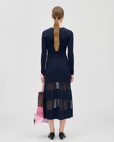 Scoop Neck Fitted Long Dress - Navy