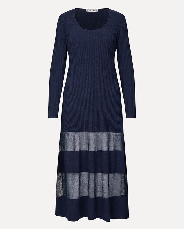 Scoop Neck Fitted Long Dress - Navy