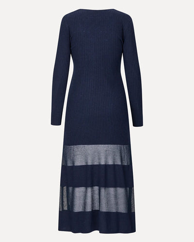 Scoop Neck Fitted Long Dress - Navy