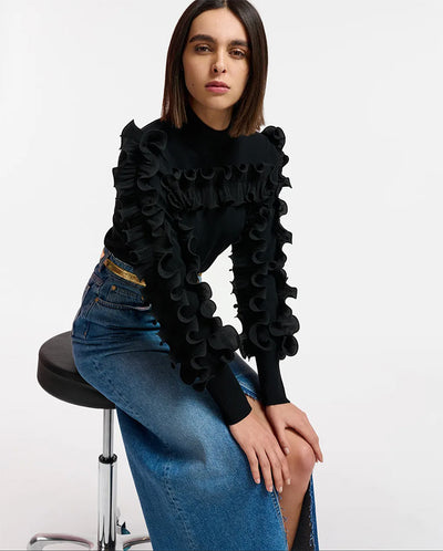 Ercole Pullover with frills BLACK