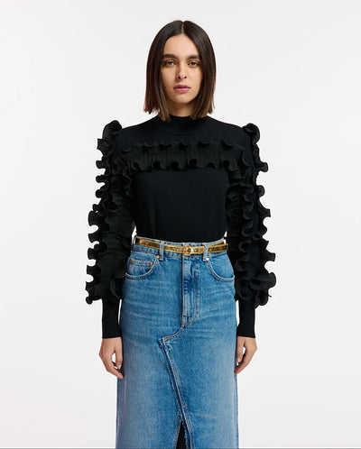 Ercole Pullover with frills BLACK