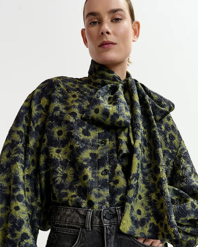 Illicium Pussy Bow Tie Top - Olive Combo