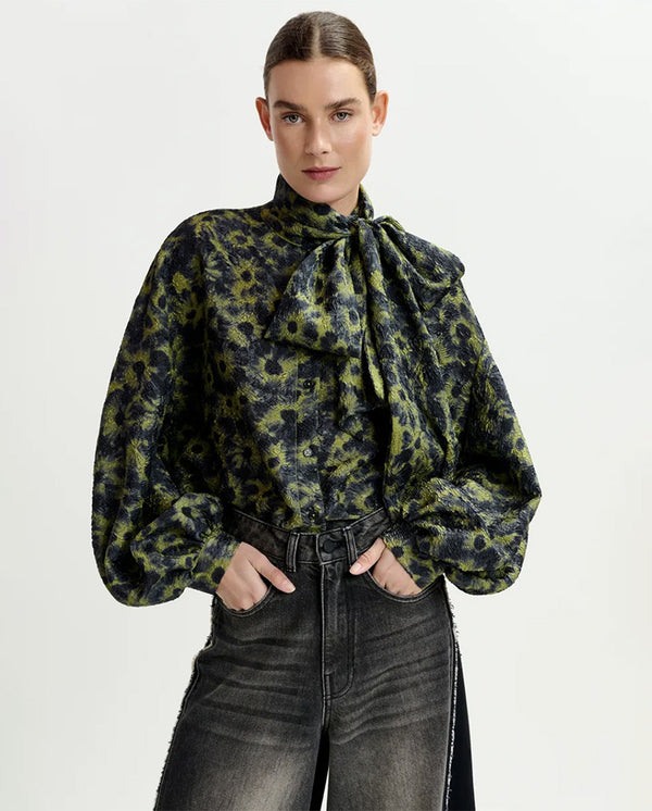 Illicium Pussy Bow Tie Top - Olive Combo