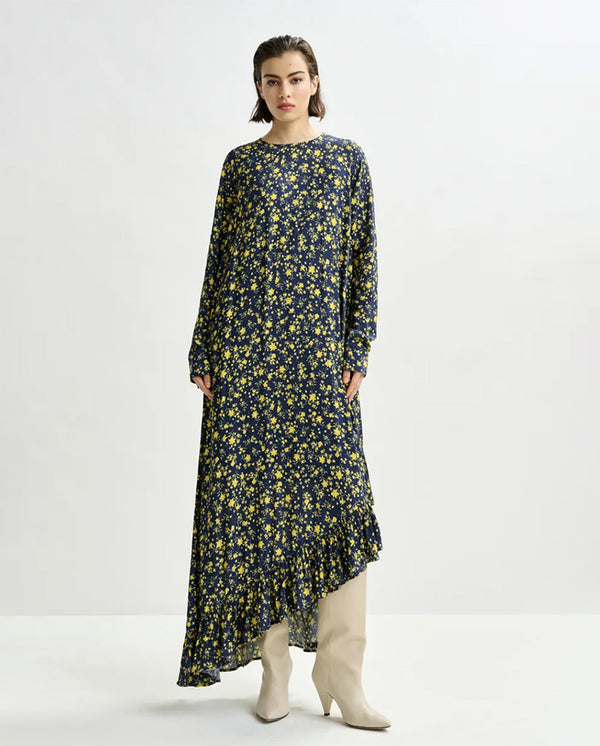 Igraine Ruffle Midi Dress - Navy Combo