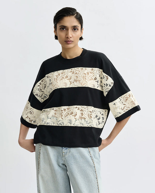 Jemix Striped Laced Tee - Black/White