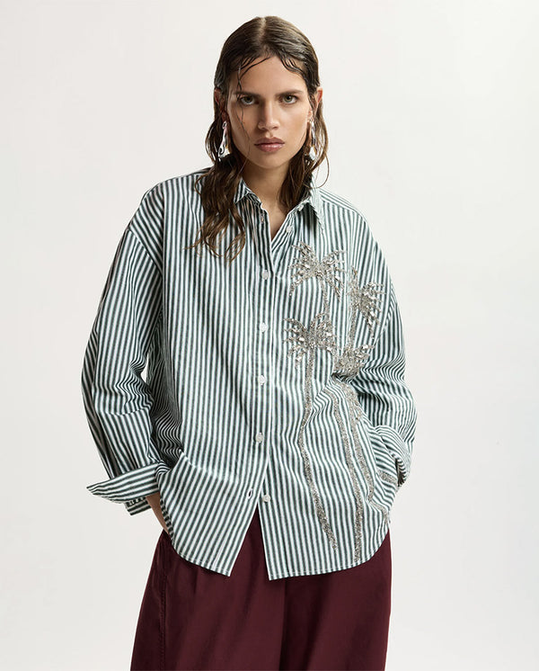 Kasper Sequin Palm Tree Shirt - Bottle Green