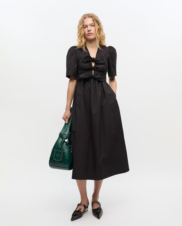 Stretch Cotton Tie Strap Midi Dress - Black