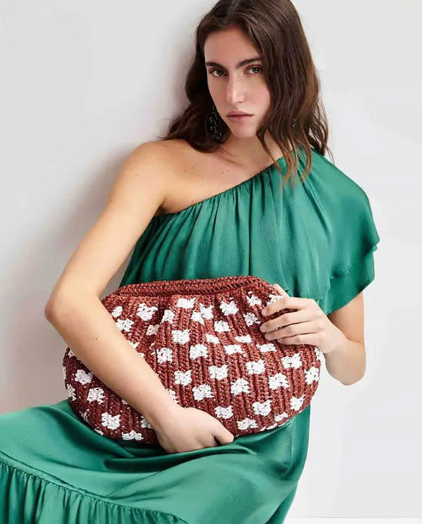 Hamantha Dotted Raffia Pouch - Praline